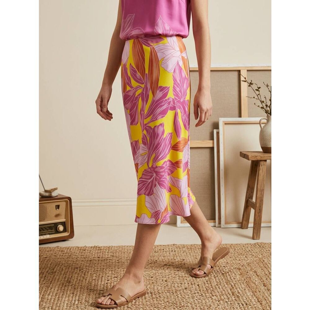 🔸️NWT Sigrid Olsen Pink & Yellow Floral Print Satin Skirt Medium